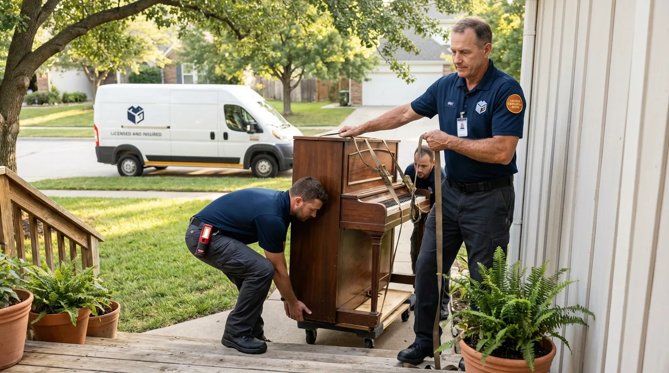 Licensed piano movers securing grand piano in Guaynabo, PR