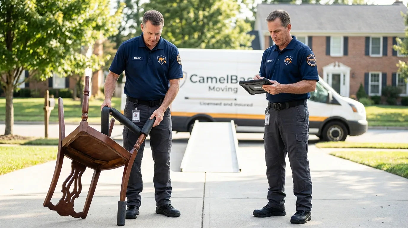 Movers inspecting furniture for damage prevention before loading in Guaynabo, PR