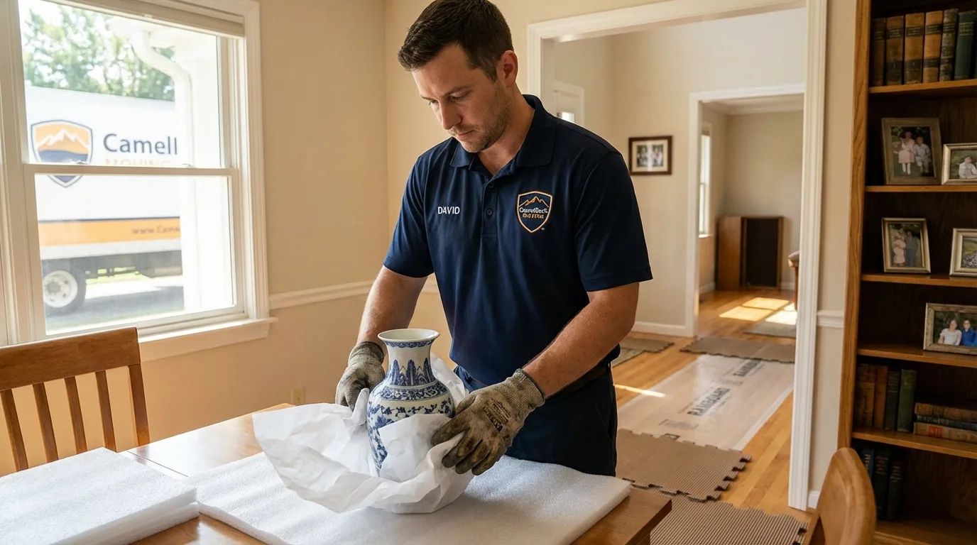 Professional crew carefully wrapping antique vase for senior downsizing move in Guaynabo, PR